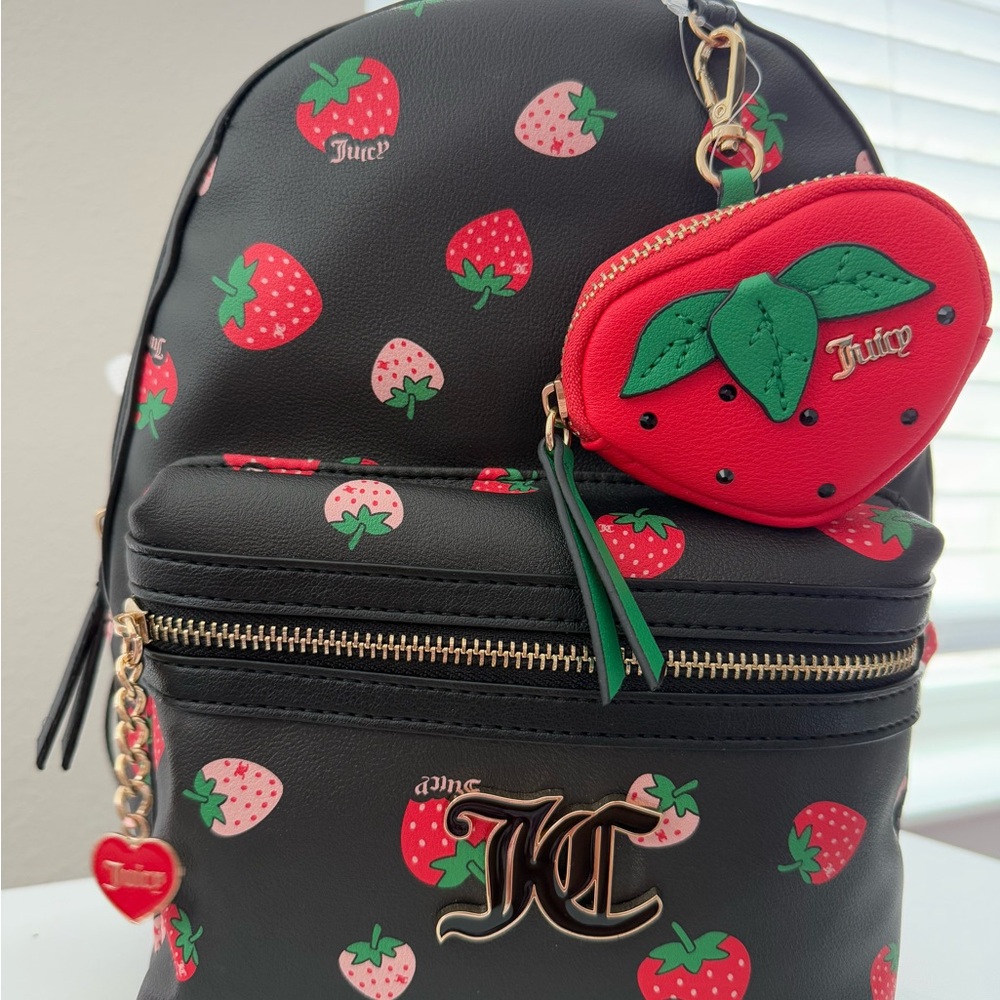 Juicy Couture Black Backpack with Red Strawberry Design